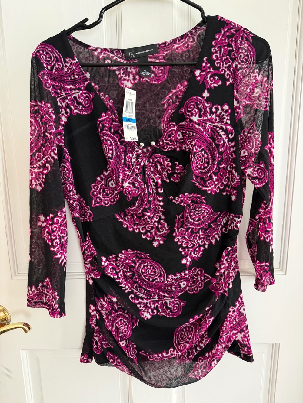 NWT INC INTERNATIONAL CONCEPTS 3/4 Sleeve Sheer Ruched Top Size XL